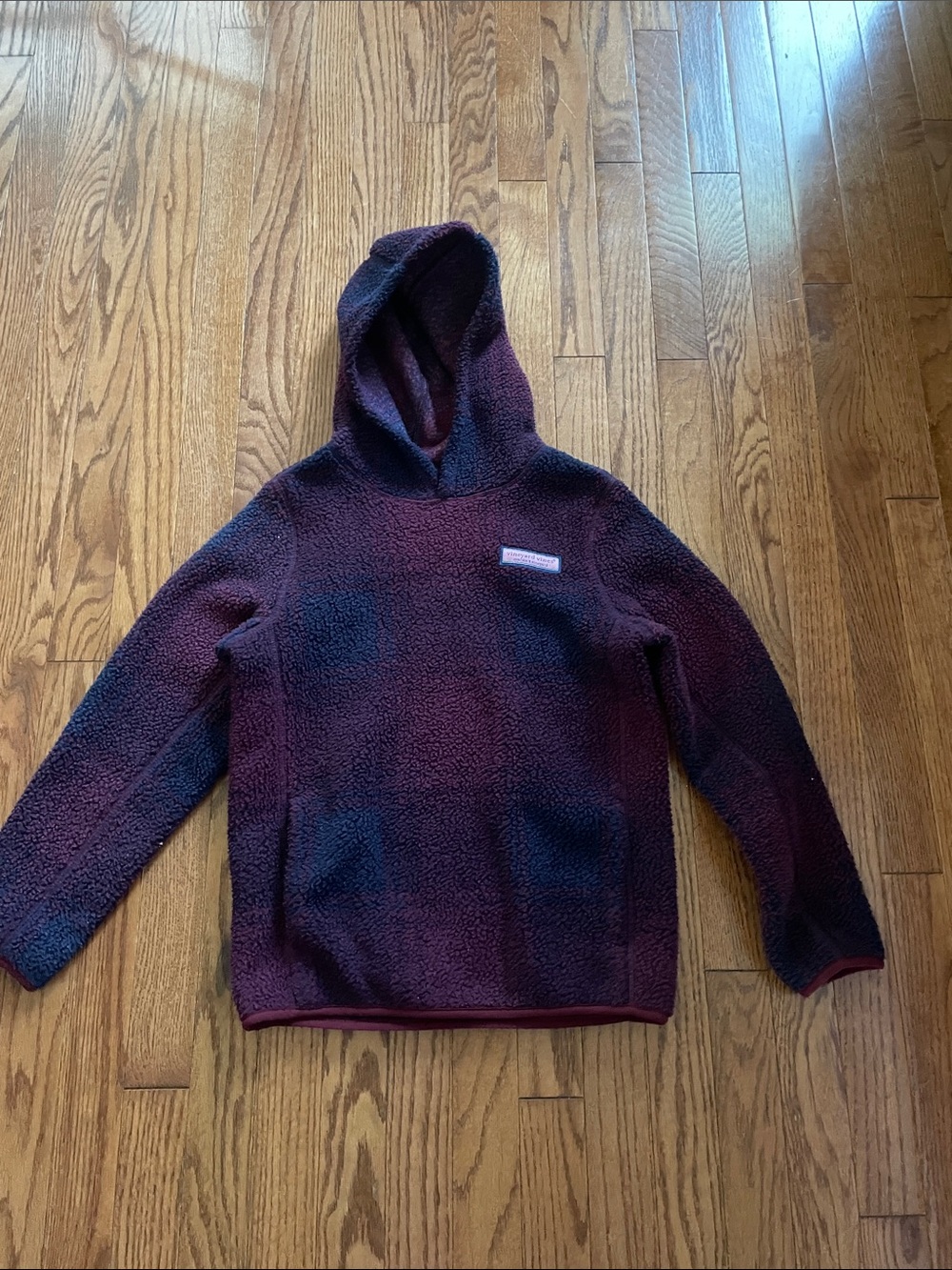 Vineyard Vines Burgundy Navy Blue Plaid Stillwater Sherpa Hoodie Boy’s Sz Small